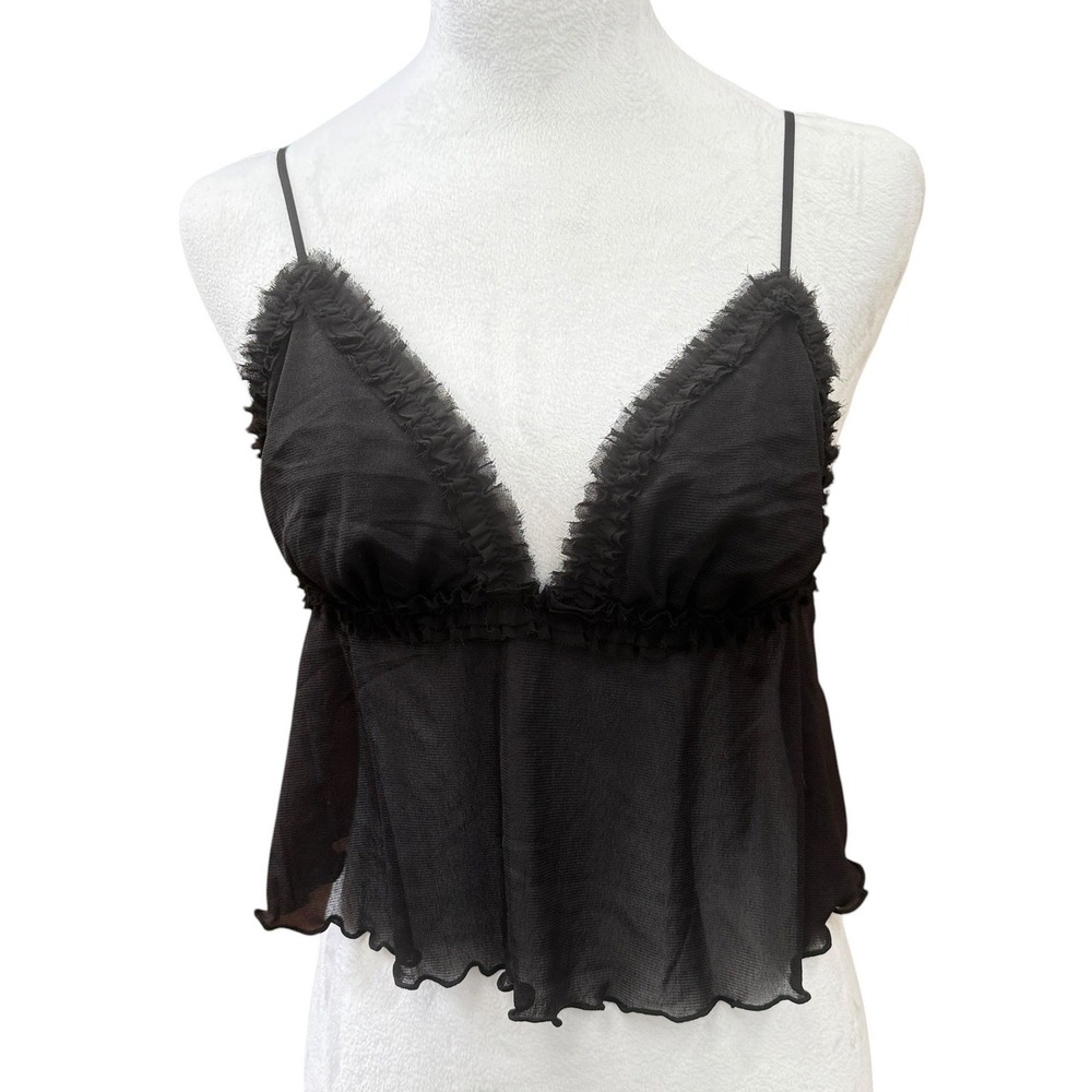 Out From Under Cami Top Womens Small Black Mesh Ruffle Babydoll Coquette Y2K